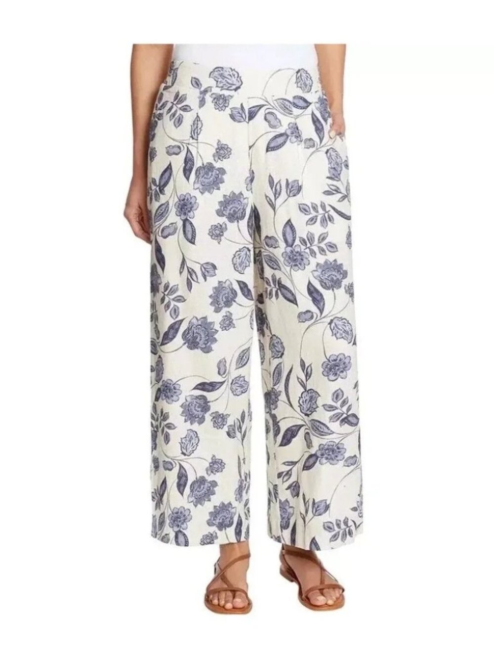 Ella Moss Blue Floral Linen Blend Wide Leg Cropped Pants Cottage Sz L (R-25)